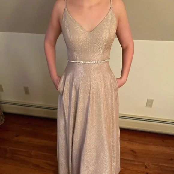 gold belted dress Look 6 One Sleeve Belted Maxi Dress Gold Shimmer main image 1